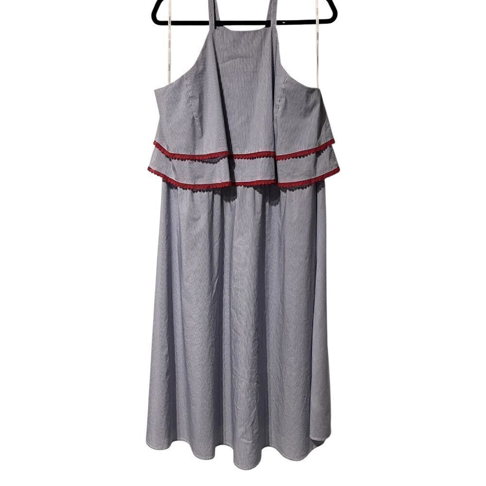 Eloquii woman’s 28 White Blue Pinstripes red trim tiered summer dress career
